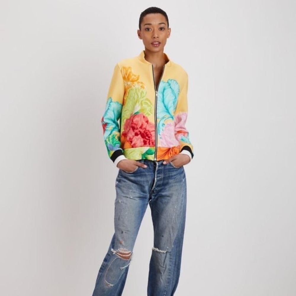 THE KIT Sun Iris Women Yellow Floral‎ Bomber Jacket Full Zip Cotton Spandex XL